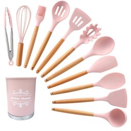 Kit 12 Peças Utensílios Silicone Rosa Concha Colher Madeira - 1