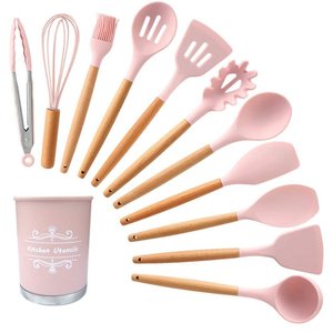 Kit 12 Peças Utensílios Silicone Rosa Concha Colher Madeira