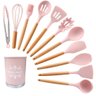 Kit 12 Peças Utensílios Silicone Rosa Concha Colher Madeira - 1