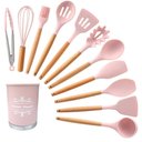 Ver imagem 1 de Kit 12 Peças Utensílios Silicone Rosa Concha Colher Madeira