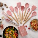 Ver imagem 2 de Kit 12 Peças Utensílios Silicone Rosa Concha Colher Madeira