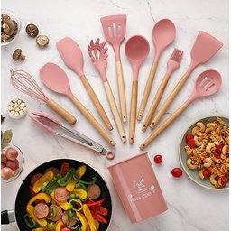 Kit 12 Peças Utensílios Silicone Rosa Concha Colher Madeira - 2