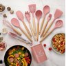 Kit 12 Peças Utensílios Silicone Rosa Concha Colher Madeira - 2