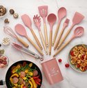 Ver imagem 2 de Kit 12 Peças Utensílios Silicone Rosa Concha Colher Madeira
