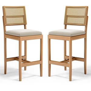 Kit com 2 Banqueta Milena Madeira Maciça Assento Estofado Encosto de Tela Palha Sextavada Veludo Beg