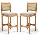 Ver imagem 1 de Kit com 2 Banqueta Milena Madeira Maciça Assento Estofado Encosto de Tela Palha Sextavada Veludo Beg