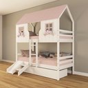Ver imagem 1 de Beliche Casinha Encantada com 02 Gavetas Kit Escada/ Escorregador Madeira Maciça Branco/ Rosa