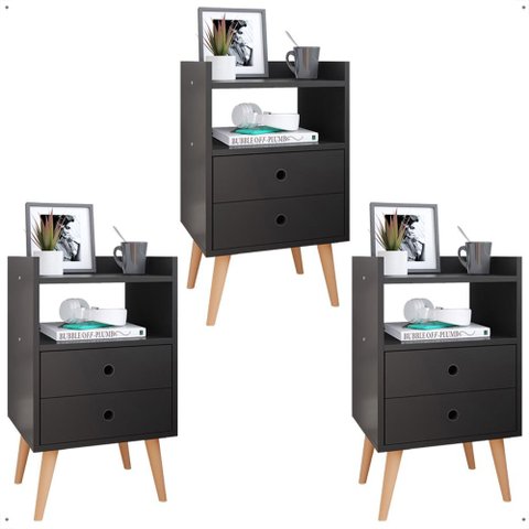 Kit 3 Mesas Cabeceira Dream Jogo Mesinha Lateral Cama Decoração Quarto Casal Solteiro - Preto