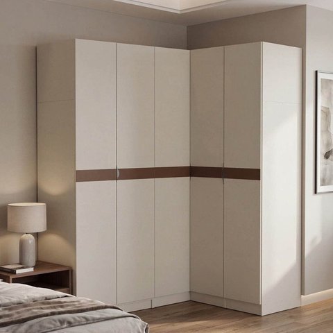 Guarda Roupa Planejado de Canto Reto 5 Portas Corino 3 Peças Hera CabeCasa MadeiraOriginals Cream