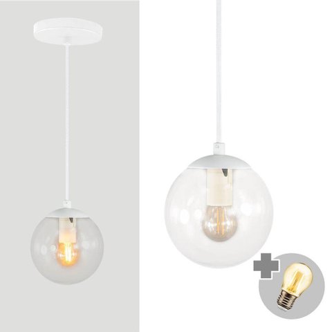 Pendente Branco C/ Globo de Vidro Cristal de 14cm + Led 2w