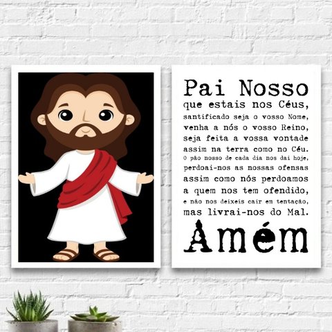 Kit 2 Quadros Infantis Oração Pai Nosso 45x34cm - com vidro:Madeira branca