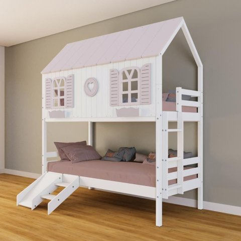 Beliche Casinha Bela com Coração Kit Escada/escorregador - Madeira Maciça Branco/rosa | Housin