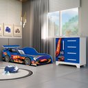 Ver imagem 1 de Kit Quarto Infantil Carros Azul Cama Proteção Lateral Colchão Cômoda MDF Menino Completo Moderno