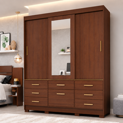 Guarda-Roupa Casal Lais 3 Portas de Correr Gavetas com Espelho e Sapateira 100 MDF Pm Home