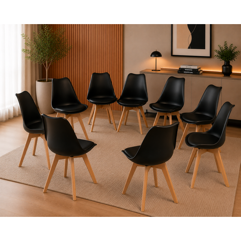 Kit 8 Cadeiras Leda Saarinen Estofadas Base Wood Pretas Sala de Jantar e Cozinha