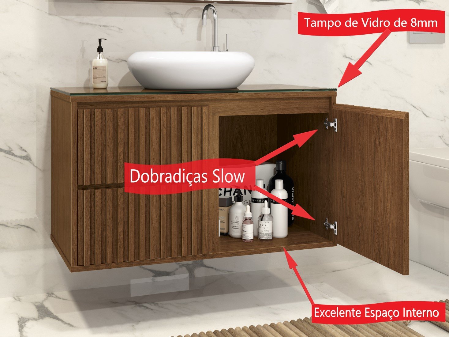 Balcão de banheiro Ripado Cuba de Apoio MDF Moderno 80 cm - 3