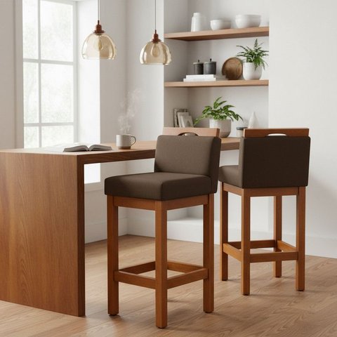 Kit 2 Banqueta Alta de Madeira Aurora Balcão Cozinha Bistro com Encosto Suede Marrom