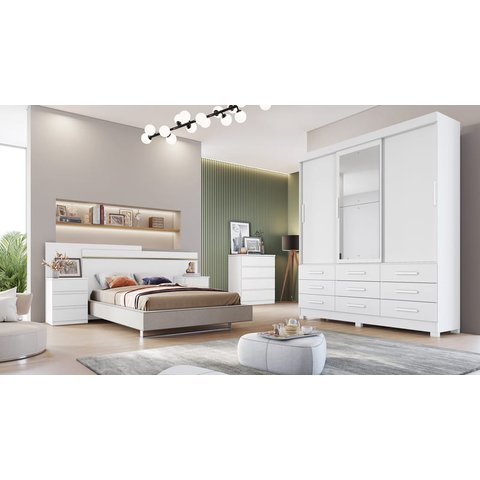 Guarda Roupa Solteiro com Espelho 3 Portas 9 Gavetas - Capri-branco - Móveis Novo Horizonte