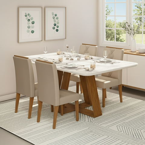 Conjunto Sala de Jantar Mesa Kiara 160cm Tampo Vidro/mdf com 4 Cadeiras Yasmin