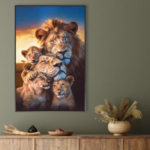 Quadro Decorativo Exclusivo Família Leão Leoa com Três Filhotes Sala Quarto Casa Escritório