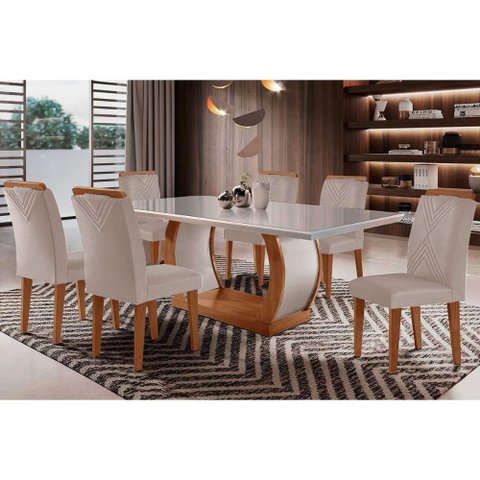 Sala de Jantar Completa Jade Tampo Madeirado C/ Vidro Curvo 180x90 e 6 Cadeiras Amsterdã Capuccino/