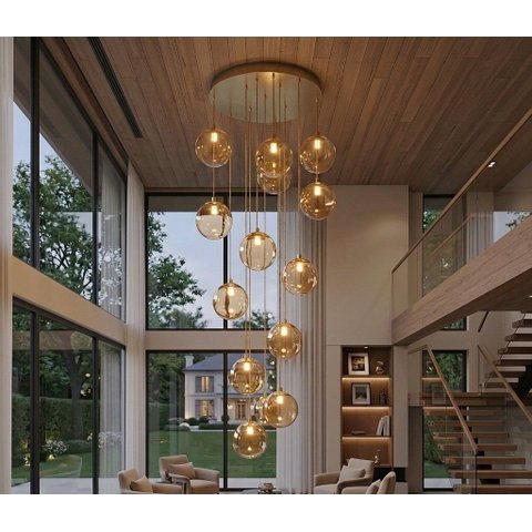 Pendente Moderno Glass 60cm 12 Vidros Âmbar 20cm C Lâmp. LED