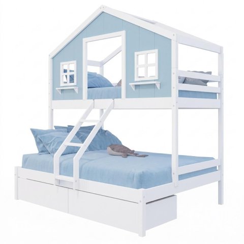 Beliche Casal/ Solteiro Casinha Dos Sonhos com 02 Gavetas Madeira Maciça Branco/ Azul Housin
