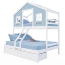 Ver imagem 1 de Beliche Casal/ Solteiro Casinha Dos Sonhos com 02 Gavetas Madeira Maciça Branco/ Azul Housin