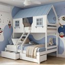 Ver imagem 2 de Beliche Casal/ Solteiro Casinha Dos Sonhos com 02 Gavetas Madeira Maciça Branco/ Azul Housin