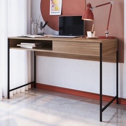 Mesa de Escritório Escrivaninha para Computador Home Office Aço 1 Gaveta Marrom Madeira e Preto - 2