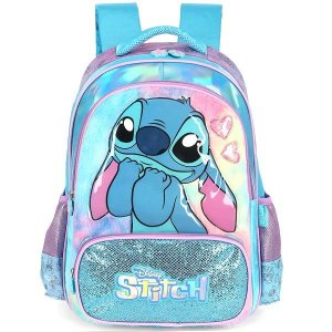 Mochila Escolar de Costas Infantil Stitch Peluciada Disney Azul