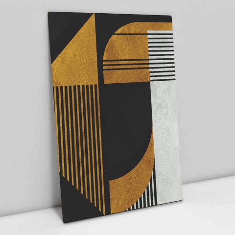 Quadro Decorativo em Canvas Geométrico Gold Lines TaColado Moldura Preta 90 x 60cm