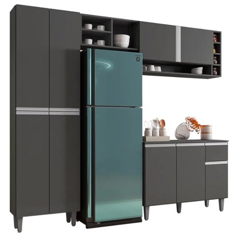 Cozinha Compacta Ravena Balcão 3 Portas + Paneleiro 4 Portas Cinza