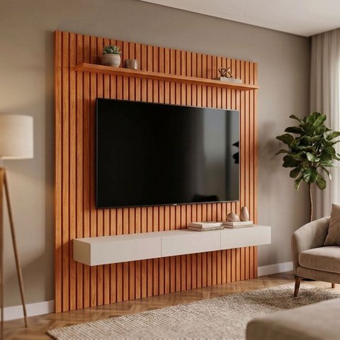 Painel Ripado para TV até 84 Polegadas 100% MDF 230CMX220CM Marrom Cinamomo/Off White