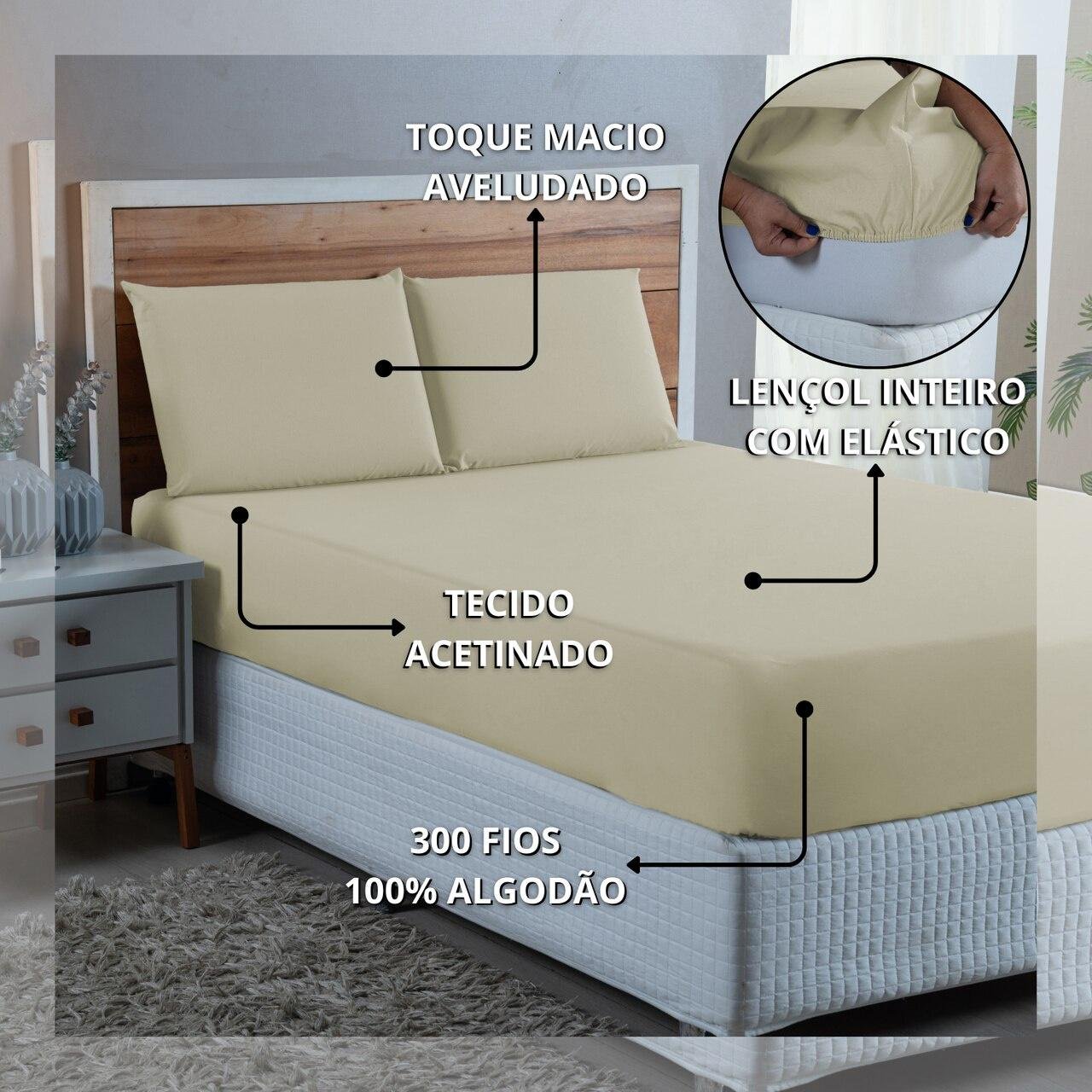 Kit Lençol Casal 300 Fios Algodão 4 Peças Jogo Forro de Cama Box Extra Macio:palha - 6