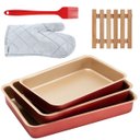 Ver imagem 1 de Jogo de Assadeira Alta Retangular 03 Peças Antiaderentes + Luva Térmica + Pincel Vermelho + Descanso