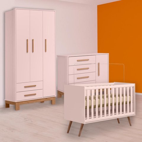 Conjunto Berço Mini Cama Retrô, Cômoda Sapateira Slim e Guarda Roupa Slim Rosa