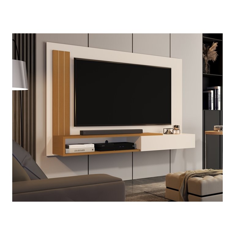 Painel até 55 Polegadas com Porta Matheus Cor Off White / Nature - Comprar Moveis em Casa