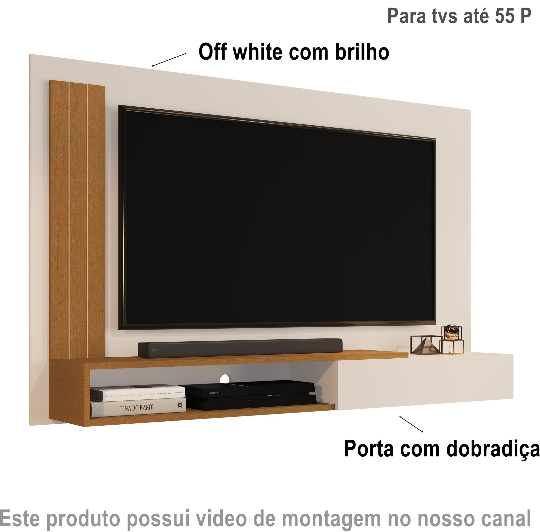 Painel até 55 Polegadas com Porta Matheus Cor Off White / Nature - Comprar Moveis em Casa - 3