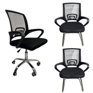 Kit Escritório Cadeira Tela Mesh 2 Cadeiras Base Fixa + 1 Cadeira Giratória com Rodízios