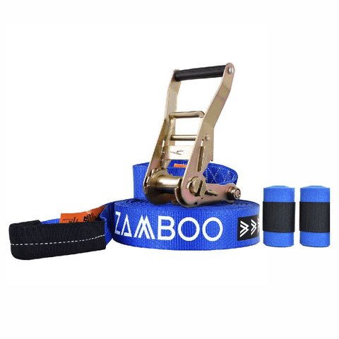 Slackline Zamboo Kit Extremeline 30m X 50mm Azul com Catraca Reforçada e Protetores Suporta 3 Ton Id