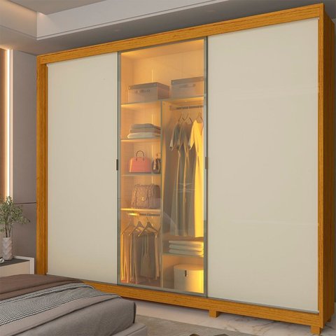 Guarda-Roupa Casal 3 Portas com 1 Porta Reflecta com LED com Pés 100% MDF Platinum Marrom/Marrome/Off White