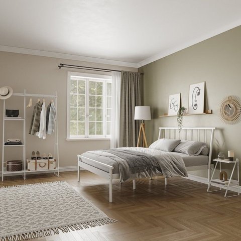 Conjunto Cama Casal 2 Mesas de Cabeceira e Arara de Roupas em Aço Begônia CabeCasa MadeiraOriginals Branco/Cobre