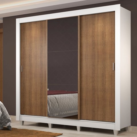 Guarda-Roupa Casal Madesa Lyon Plus 3 Portas de Correr com Espelho 4 Gavetas com Pés Branco/Rustic C