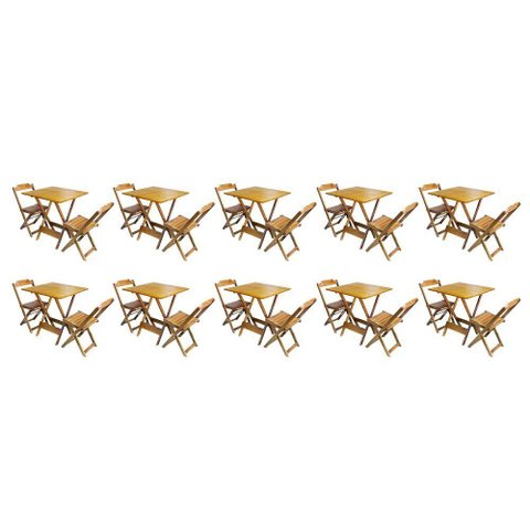 Kit 10 Jogos de Mesa Dobravel com 2 Cadeiras de Madeira 70x70 - Mel