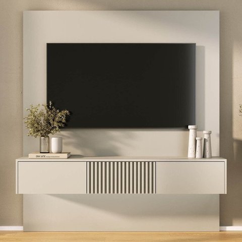 Rack Ripado com Painel para TV até 60 Polegadas 160CMX180CM Aruá CabeCasa MadeiraOriginals Offwhite