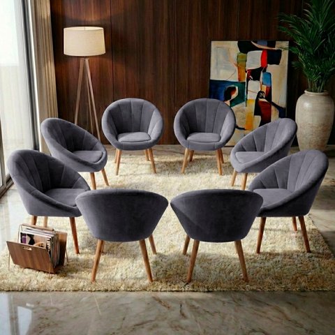 Kit 8 Poltrona Sala Decorativa Sofia Veludo Cinza Pés Palito Castanho - Arkell