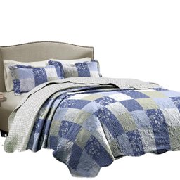 Colcha Casal Padrão Dupla Face Azul Texturizado Patchwork - 1