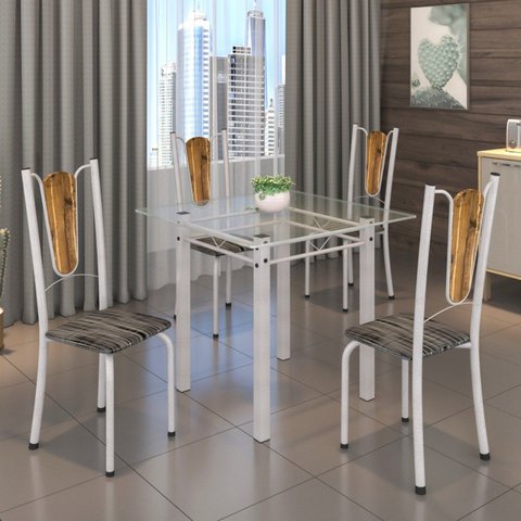 Conjunto de Mesa Tubular 75x75cm Tampo de Vidro com 4 Cadeiras Júlia Branco/Riscas/Perola/Madeira