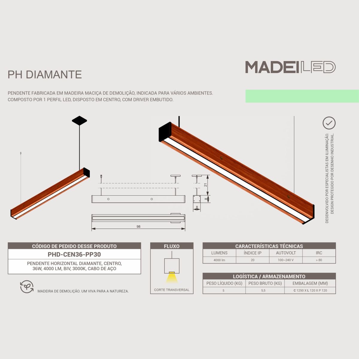 Luminária Pendente Horizontal em Madeira Maciça Modelo Diamante - Madeiled - 6